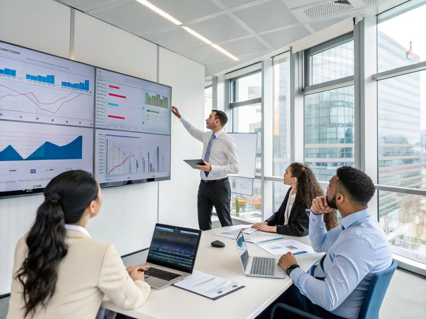 An image of a financial analyst presenting a growth strategy to a business team in a boardroom.